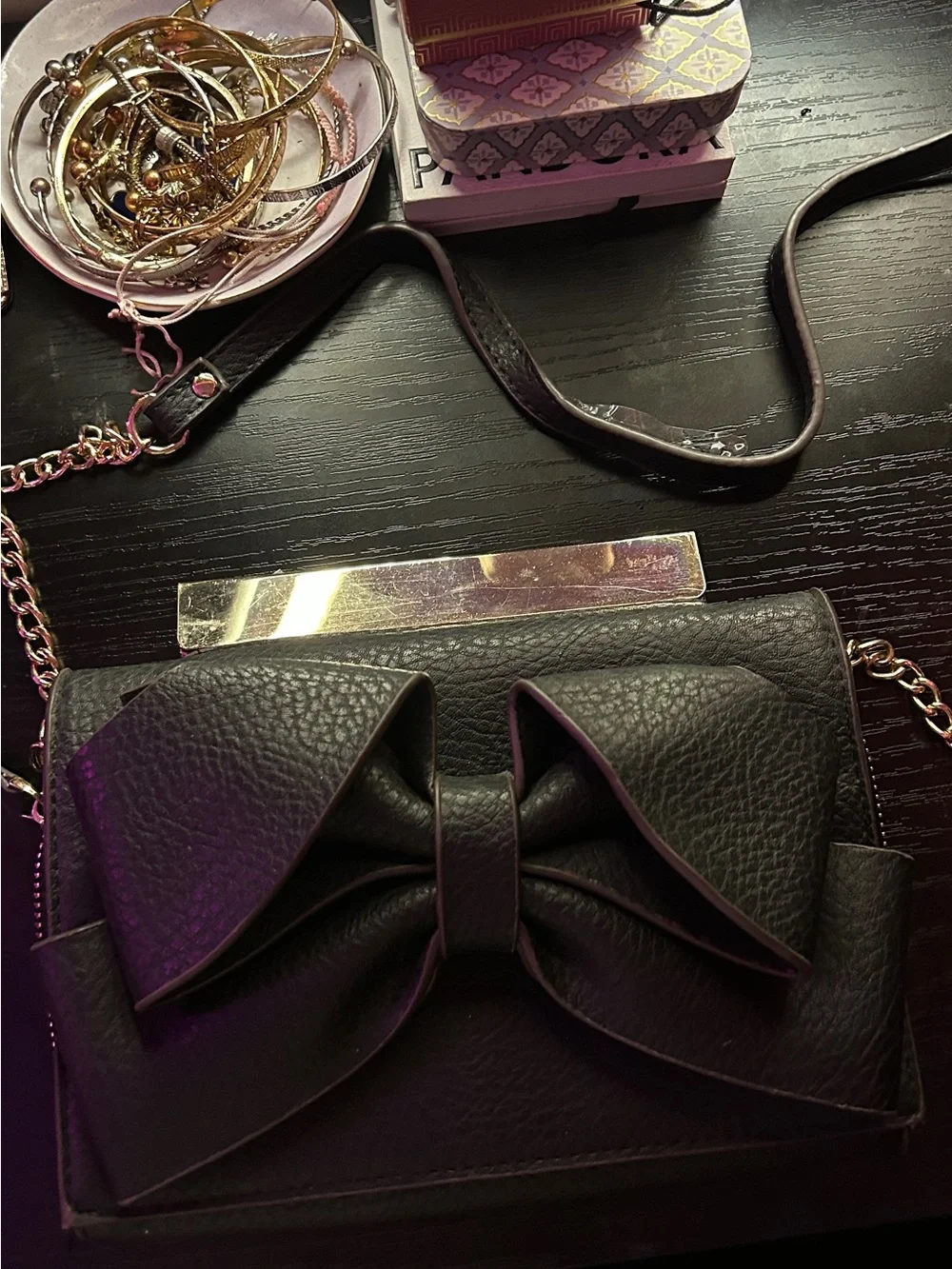 H&M Black Bow Crossbody Bag with Gold Chain